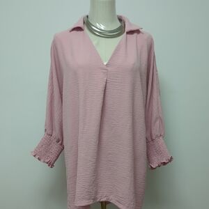 Pink Relaxed Ribbed Blouse with Notched Collar